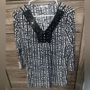 TanJay black embellished jeweled neck snake print top